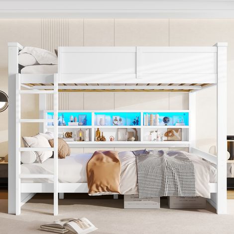 Lit superposé 2 couchages 160x200 cm avec 6 niches de rangement LED en pin massif et MDF blanc (1/5)