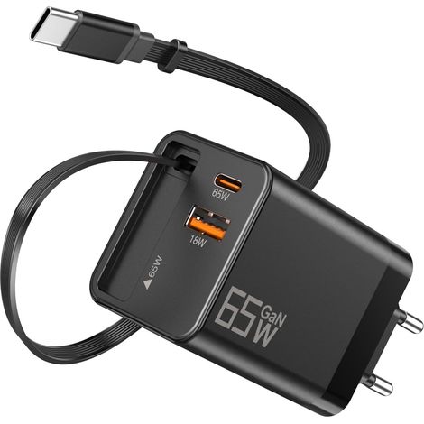 Chargeur 65W USB C Rapide avec Câble Rétractable, Adaptateur GaN Tech Compatible avec MacBook Pro/Air, Power Supply pour iPhone 17/16/15/14, Samsung Galaxy S25/S24 et PC (1/5)