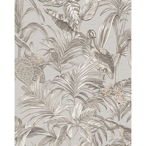 Empapelado con pájaros Profhome DE120011-DI papel pintado vinílico estampado en caliente tejido non tejido gofrado de diseño exótico brillante gris blanco plata 5,33 m2