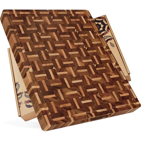 Grain de bout Planche à découper - 51L x 41l x 3,8Ép cm - Rainures et poignée intégrées pour le jus de fruit - Bloc de boucherie en bois d'acacia mélangé avec du chêne (1/5)