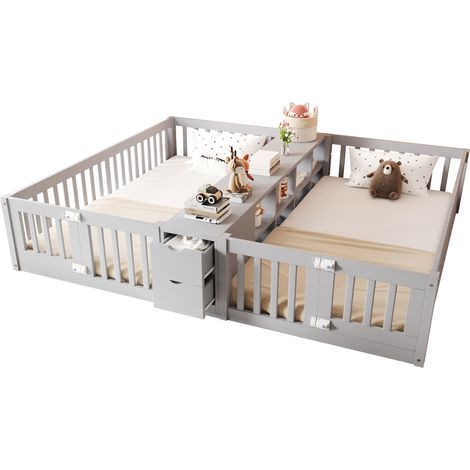 Lit double enfant 90 x 200 cm avec rangement, étagère centrale, deux tiroirs et barrières de sécurité, style gris moderne pour jumeaux ou frères et sœurs CHICFURN (1/5)