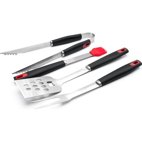 Ensemble d'ustensiles de barbecue 4 pièces : spatule, pince, pinceau à badigeonner, accessoires en acier inoxydable. (1/5)