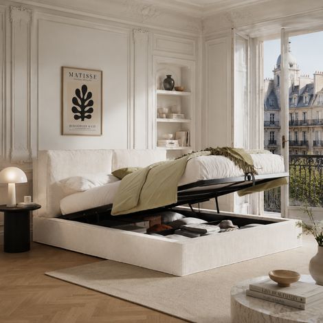 Lit double hydraulique VIYET 180x200 cm, Beige, Velours côtelé, pour chambre (1/5)