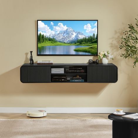 Pour salon et chambre : gain de place avec ce meuble TV suspendu 160 cm aux façades ondulées et passe-câble noir (1/5)
