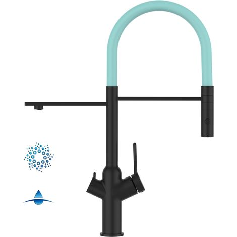 Rubinetto 4 vie miscelatore cucina Nero Opaco con canale separato per acqua filtrata, canna turchese movibile e doccia due getti staccabile - serie BOD