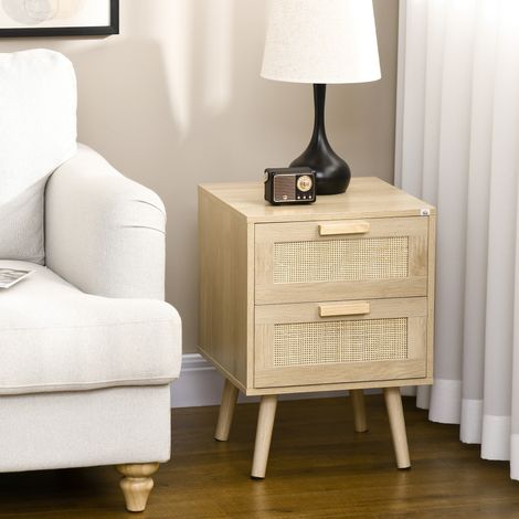 Table de chevet style Cannage avec 2 tiroirs et pieds en bois pour salon/chambre, 40 x 40 x 56 cm, couleur naturelle (1/5)