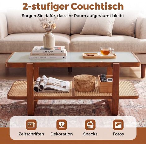 Rattan Coffee Table with Glass Top and Storage Shelf, Walnut (1/5)