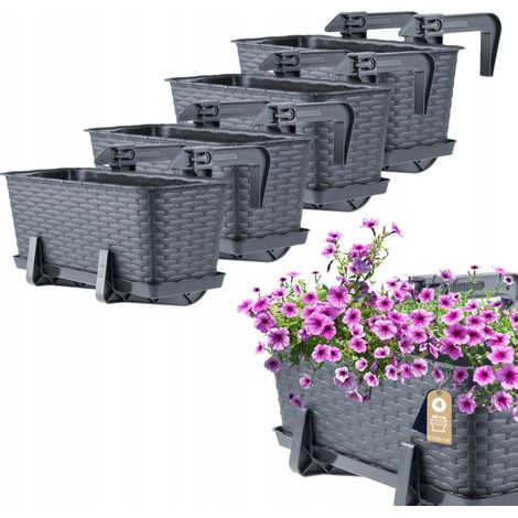 KADAX Jardinière Suspendue Extérieure 40 cm, Balconnière en Plastique Aspect Rotin avec Supports de Fixation Intégrés et Soucoupe (Graphite, Lot de 4)