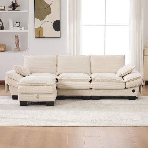 Canapé 3 places velours côtelé, repose-pieds inclus,mousse haute densité,port USB-C et poches latérales,beige (1/5)