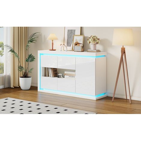 Armoire de salon de 1404084 cm. Meuble moderne avec 4 compartiments. Largeur : 140 cm. Armoire d’appoint équipée d’un éclairage LED.Parfait pour les couloirs, les salons et les bureaux. (1/5)