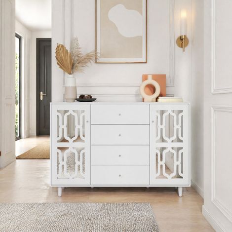 MEUBLIV Credenza 147,5 x 40 x 102 cm bianca – frontale a specchio, 4 cassetti (1/5)