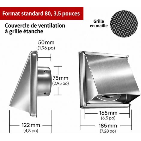 Grille d'aération murale carrée 80 mm en inox 304 avec grille de protection 80mm réf 7703 19 × 18,5 × 12 cm 427 g – Livraison gratuite
