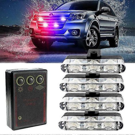Lot de 4 feux stroboscopiques LED pour voiture, gyrophares de police, feu de signalisation pour calandre de voiture, 12 V, clignotants pour motos, lampe torche FSO, accessoires auto (1/4)