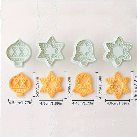 4 emporte-pièces de Noël en forme de cloche, étoile, sapin et flocon de neige pour biscuits, pâtisseries et desserts (1/5)