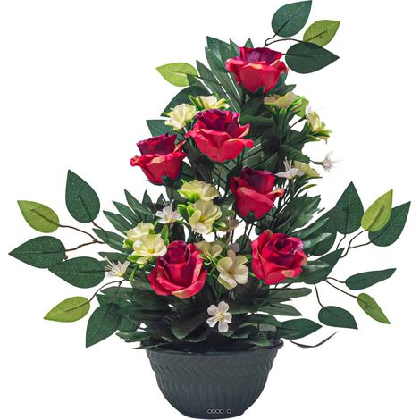 Vasque de Roses fleurs artificielles pour le cimetière H 50 cm D 35 cm Rouge - couleur: Rouge (1/3)