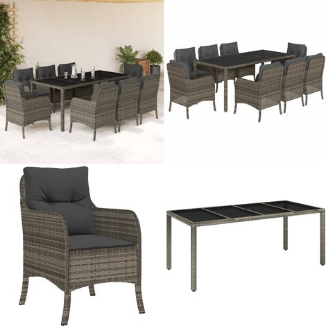 9-tlg. Garten-Essgruppe mit Kissen Grau Poly Rattan - Gartentisch - Gartenstuhl (1/5)