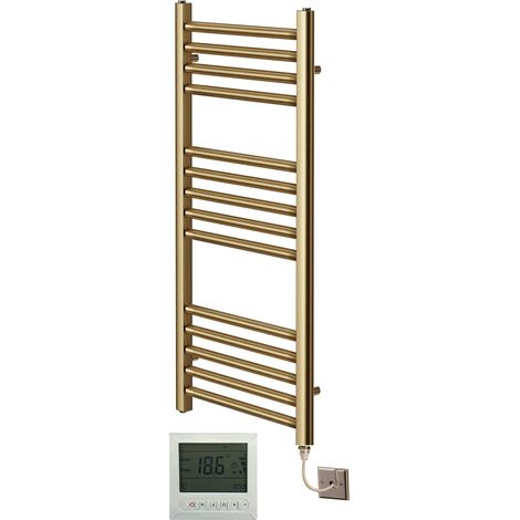 York Flat Brushed Brass Electric Towel Rail 300mm Wide x 800mm High + 7 Day Timer/Thermostat