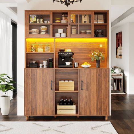 Buffet haut 120x40x185cm , armoire rétro couleur noyer avec portes, étagères et éclairage led (1/5)