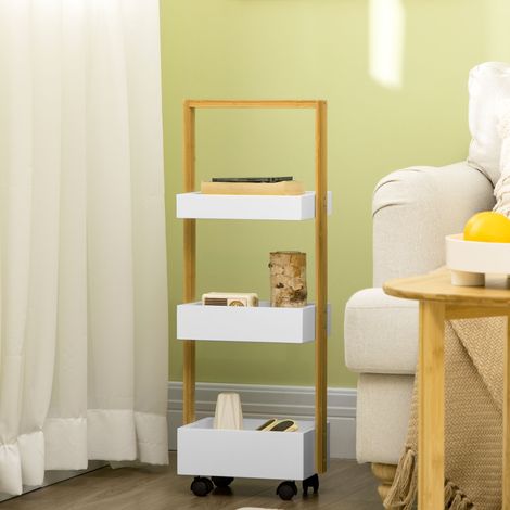 Carrello da bagno con ruote e 3 cestini, carrello ausiliario multifunzionale in legno di bambù, 28x18x75 cm, bianco