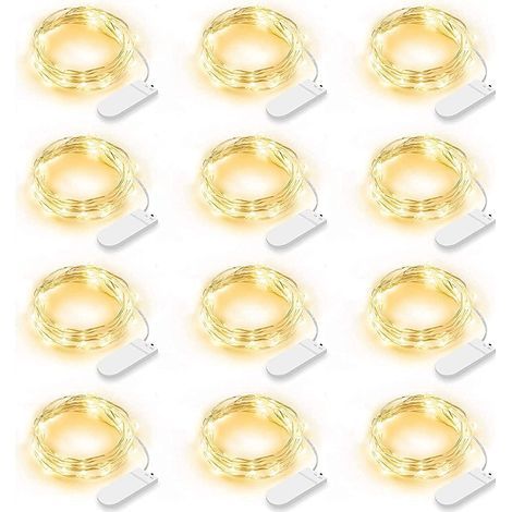 Lot de 12 Guirlande Lumineuse LED, Guirlande Lumineuse à Piles 2m 20 LEDs Fée Chaîne Lumières Guirlande IP65 Étanche LED Déco pour Chambre Noël Mariage Fête Jardin, Blanc Chaud (Blanc Chaud) (1/5)