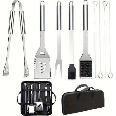 9-Piece Stainless Steel BBQ Utensil Set with Carry Bag, Shovel, Wire Brush, Tongs and Fork, Outdoor Cooking and Camping Accessories (1/4)