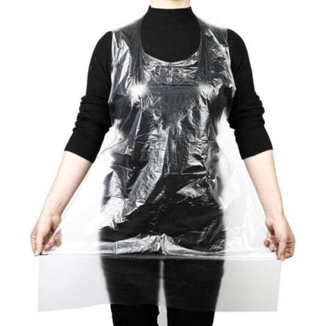 Lot de 100 tabliers jetables en plastique transparent - 90 x 60 cm - Pour adulte - Imperméable et résistant à l'huile - En polyéthylène - Pour cuisine, nettoyage, peinture, transparent (1/5)