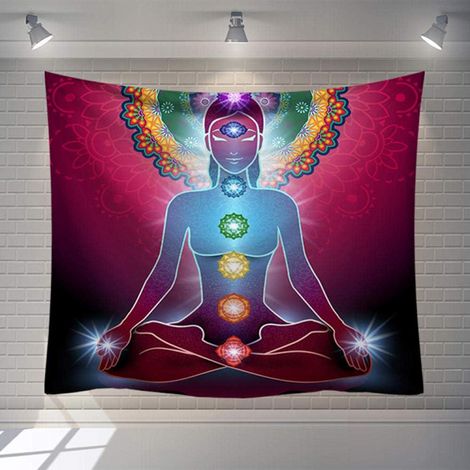 Tenture murale 7 Chakras, décoration indienne avec Bouddha, art mural rectangulaire, tissu imprimé (95x73cm) (1/5)
