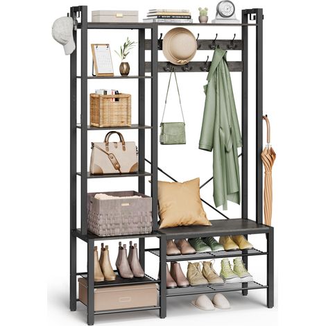 VASAGLE Appendiabiti Ingresso con Panca Scarpiera e 5 Ripiani Portaoggetti, 9 Ganci Attaccapanni e 6 Ganci Laterali, 40 x 120 x 190 cm, Grigio Pietra e Nero Inchiostro HSR426B04 (1/5)
