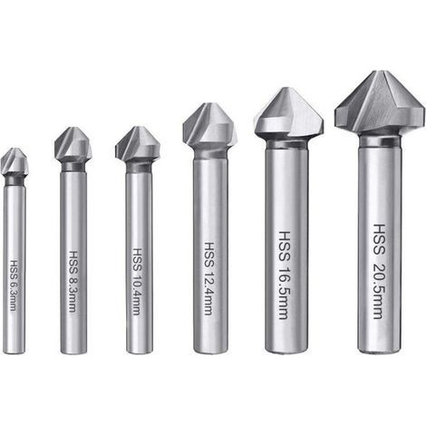 6PCS Fraise à Chanfreiner HSS 6542 Foret Conique 90° Fraise à Noyer Forets hélicoïdaux Fraise à Ébavurer Cylindrique pour Bois Métal PVC Machine-outil 6.3/8.3/10.4/12.4/16.5/20.5mm (1/5)