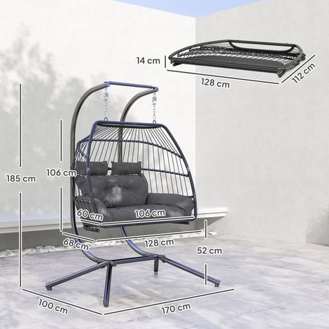 Fauteuil suspendu pliable en osier avec coussin et structure en acier, pour une utilisation intérieure et extérieure, charge maximale de 260 kg, gris foncé (1/5)