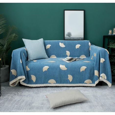 Housse de canapé - - Chenille - 180 360 cm - Extensible - Antidérapante - Imprimée bleu (1/5)