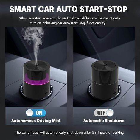 Diffuseur de voiture avec fonction marche/arrêt automatique, humidificateur portable avec fonction mémoire, diffuseur d'huiles essentielles à piles avec lumière d'ambiance 8 couleurs pour voiture, mai (1/5)