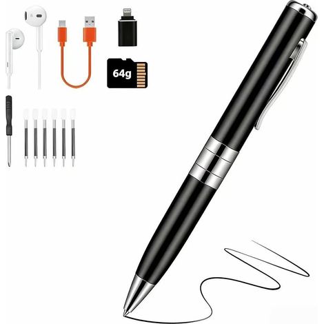 Stylo Enregistrement Vocal 64 Go - Automatique et continu par Activation rotative, enregistreur Audio Invisible pour Les Cours, Les réunions, Les entretiens (Noir) (1/5)
