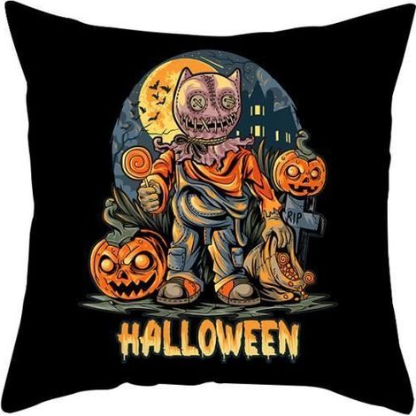 Housse oreiller - Halloween Citrouille - 45x45 cm - Tissu Peau de pêche - Décor Salon Multicolore TAIE OREILLER (1/2)