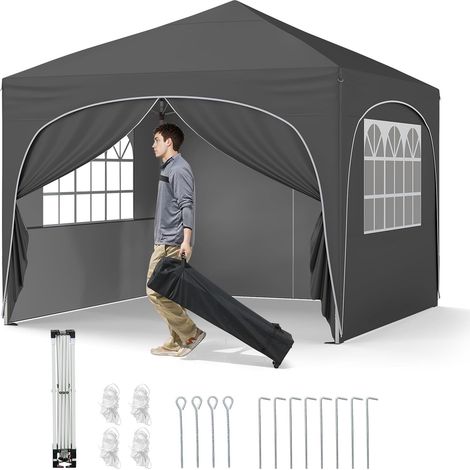 GOPLUS Tonnelle de Jardin Exterieur, Tonnelle Pliante 3 x 3 M Tente Portable Gazebo avec Poids Lestage, Parois Latérales, Abri Solaire Extérieur avec Sac roulettes, 4 Cordes/Ancres, 8 Piquets (Gris) (1/5)