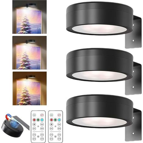 3 Pièces Lumières Murales, éClairage d'Image Sans Fil avec Télécommande, 3 Couleurs de Lumière Réglables Magnétique Lampes de Peinture à Piles (1/5)
