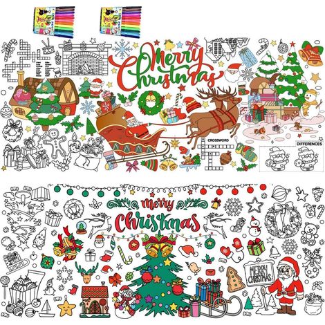 Ausmal Tischdecke Weihnachten 2er Set mit Stiften, 182x78cm, Papier, Kinder Basteln