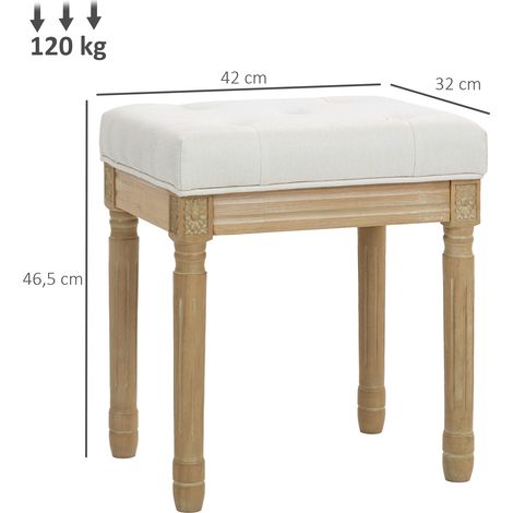 Leinen Sitzhocker, Polsterbank, Fußbank mit gepolstertem Sitz, Holzbeine, 42 x 32 x 46,5 cm, Beige (1/5)