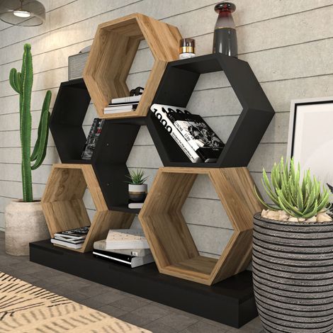 Decorotika Cicek 120 Cm Wide Hexagonal Bookshelf Hexagonal Display Etager  Room Divider Biblothèque Modern Decorotive Storage ShelvingFreestanding Decorotive Bookshelf - Noir And Oak Pattern (1/4)