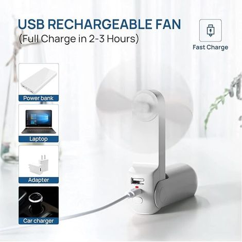 Ventilateur de Poche, Ventilateur à Main Portable, à Piles Rechargeables par USB [14-21 heures], Ventilateur Personnel Pliable et Silencieux Avec Autre batterie Externe, Lampe de Poche - Blanc