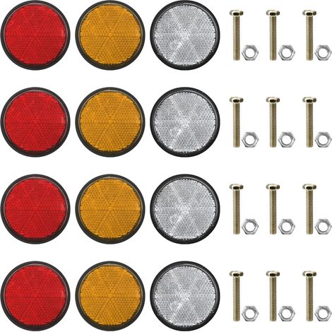 12 catadioptres Ronds Diamètre 60 mm en 3 Couleurs Catadioptre Rond à Visse avec vis M5 et écrous pour remorque Camion Caravane Rouge 4 Jaune 4 Blanche (1/5)