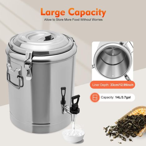 Récipient de maintien au chaud, seau de 20l, en acier inoxydable, distributeur de boissons froides, seau isotherme en acier inoxydable, chauffe-plats, récipient isotherme avec couvercle, argenté (1/5)