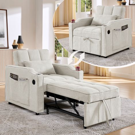 Fauteuil convertible 3 en 1 – Port USB/Type-C – Canapé-lit 190cm – Porte-gobelet – Poches – Petits espaces (1/5)