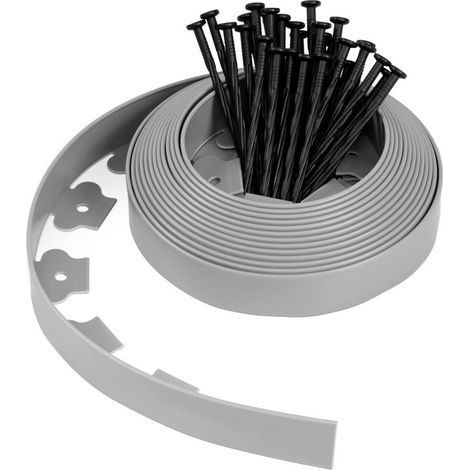 Bordure de Jardin en Plastique 10 m avec 30 Piquets d'ancrage Bordurette de Pelouse Flexible Bordure de Gazon avec piquets Solides Hauteur 50mm, Epaisseur 50mm Gris (1/5)