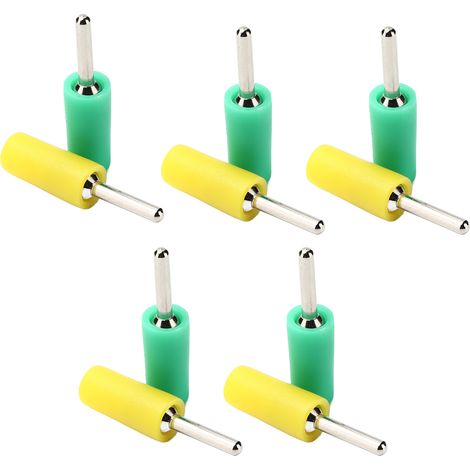Cinq jeux de fiches bananes avec broches droites en laiton nickelé, adaptées aux prises de panneau à ressort internes J.10001 2 mm (jaune-vert). (1/5)