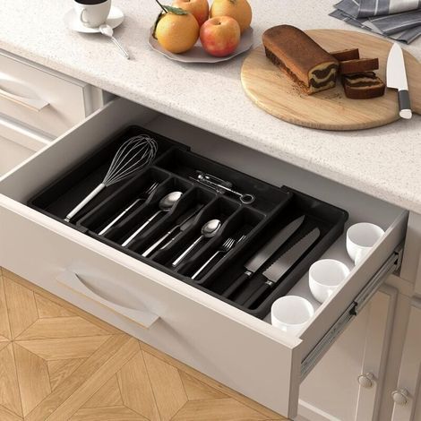 Range Couvert, Plateau d'Ustensiles Extensible pour Tiroir, Organisateur de Tiroir Réglable pour la Cuisine, Rangement Compact en Plastique pour contenir des Cuillères, Fourchettes, Noir, (1/5)