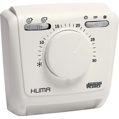 VEMER VE024600 KLIMA 2V - Termostato Meccanico a Membrana a Gas per Ventilconvettori (fan-coil), Funzione Riscaldamento/Condizionamento, Selettore 2 Velocità e Selettore Estate/Inverno/OFF, Bianco (1/2)