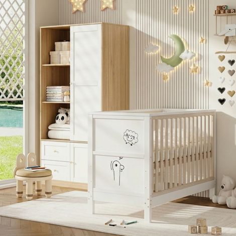 Modernluxe - Ensemble lit bébé avec tablette à dessin et armoire à portes coulissantes - Mobilier de chambre enfant - Blanc (1/5)