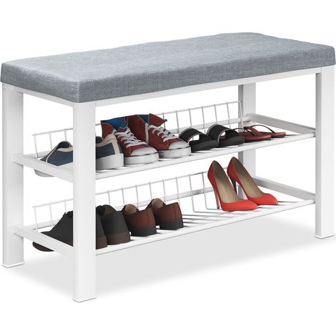 Banco para zapatos con cojín, estructura de metal, estante de 2 niveles (1/5)