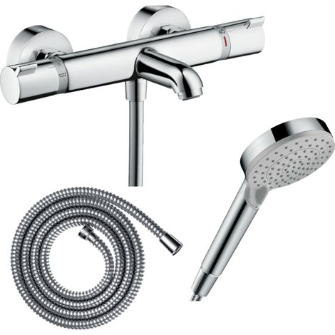 Pack mitigeur bain thermostatique HANSGROHE Ecostat Comfort + Flexible Metaflex 1,6m + Pommeau Vernis Blend EcoSmart 2 jets chromé